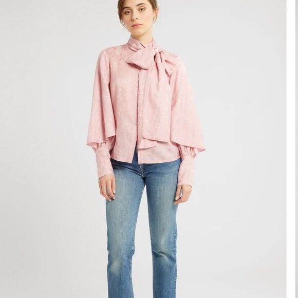 Mille Gigi Long Sleeve Button Front Blouse Pink Jacquard NWT  $288  S - Picture 1 of 7